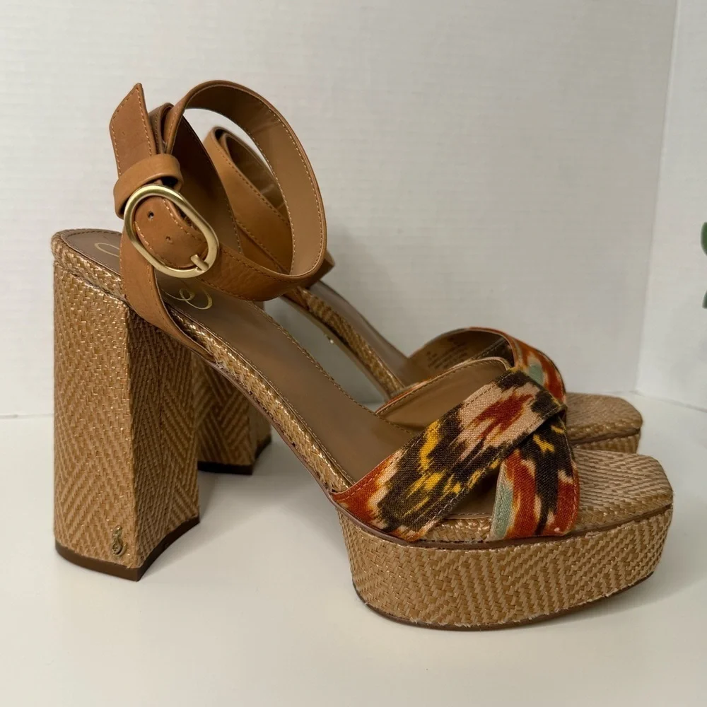 Sam Edelman Women's Nolita Raffia Platform Sandals Size 10.5M Leather Boho Print